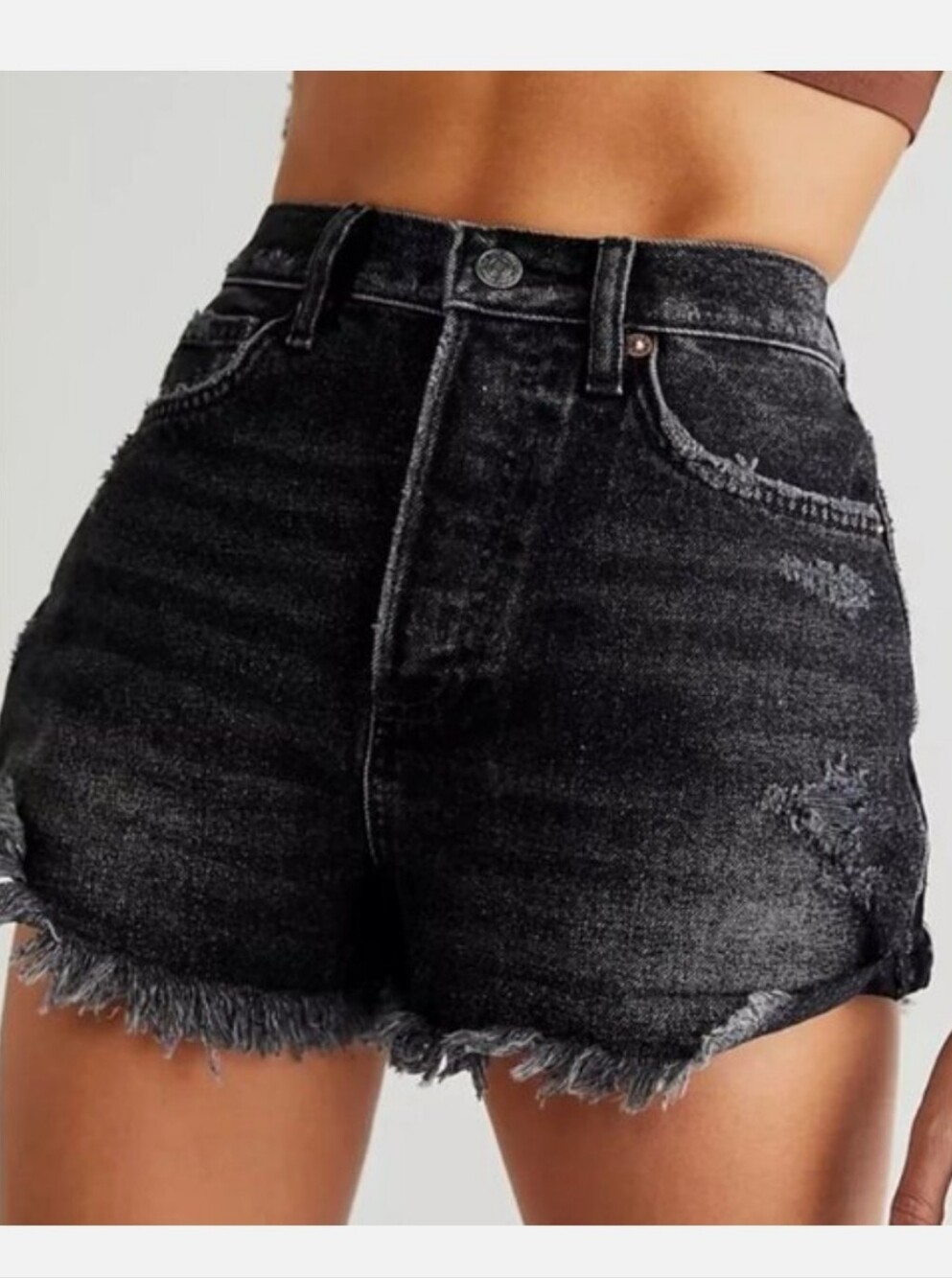 Free People washed black lasso high waisted distressed denim shorts